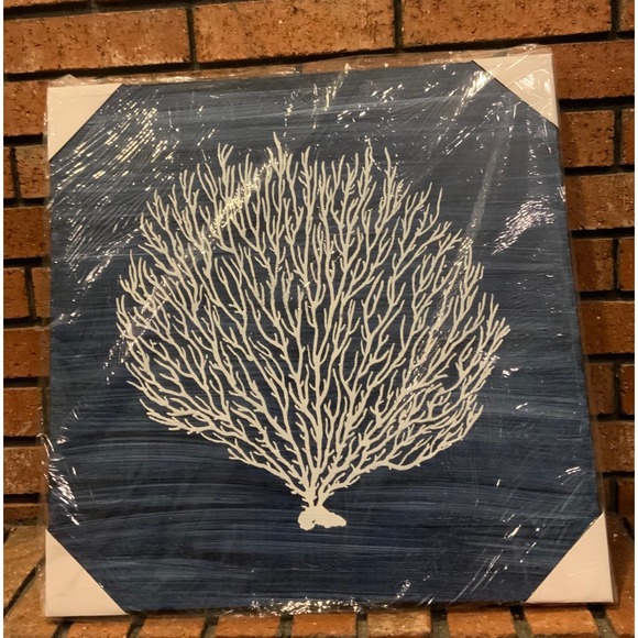 yihui arts Other - Navy Blue Abstract White Tree Coral Wall Canvas Hand Painted 20"x20"